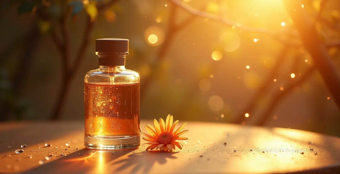 Nahaufnahme einer eleganten Parfümflasche mit transparentem Glas und minimalistischem Design, umgeben von subtilen Lichtstrahlen und Duftpartikeln, die einen Moment der sensorischen Wahrnehmung einfangen.