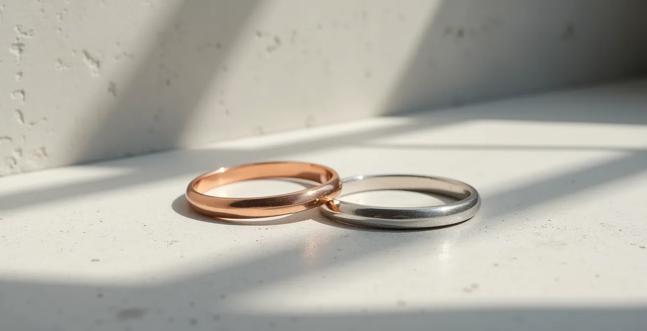 Zwei elegante Partnerarmbänder nebeneinander, die komplementäre, aber nicht identische Gravuren zeigen und subtile Synchronizität symbolisieren.