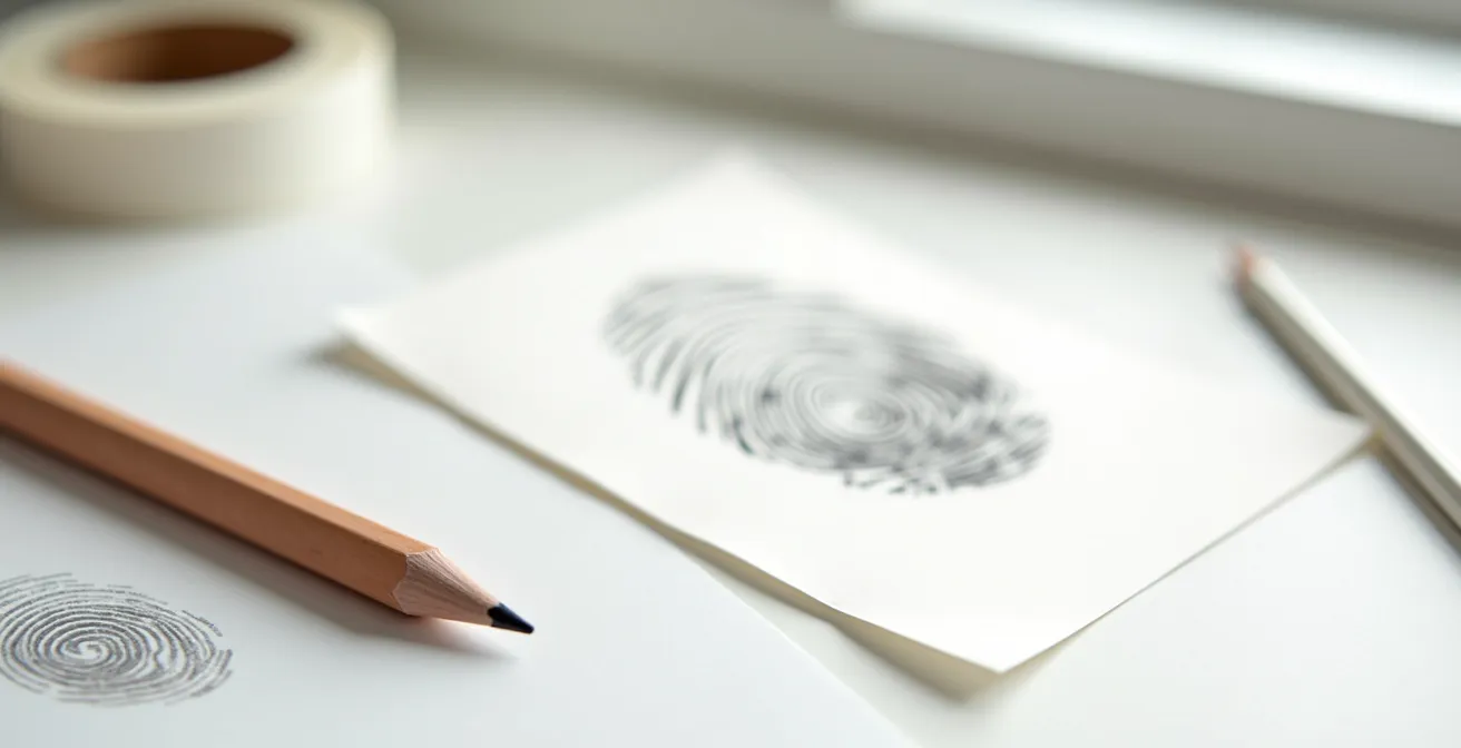 Nahansicht von Künstlerhänden beim Auftragen von Grafit auf Papier mit Bleistift, daneben klares Tesafilm-Abdruck-Ergebnis auf Papier