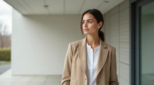 Eine Frau in zeitloser, minimalistischer Kleidung mit aufrechter Haltung, die natürliche Eleganz ausstrahlt