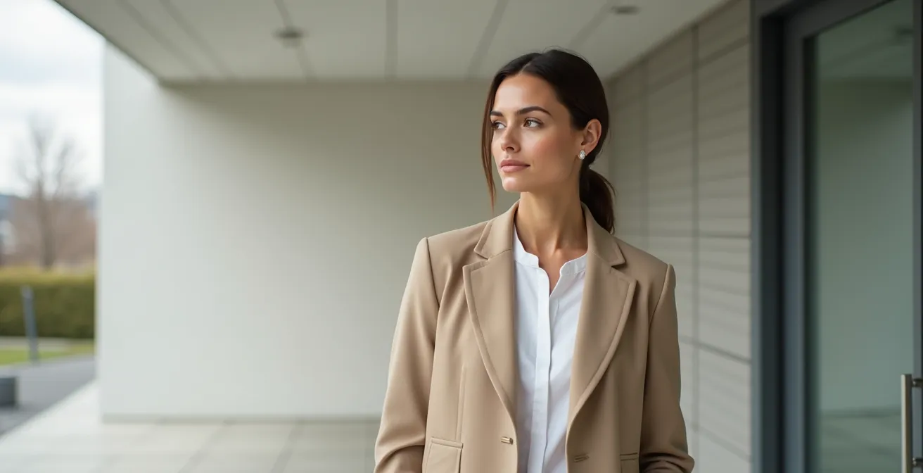 Eine Frau in zeitloser, minimalistischer Kleidung mit aufrechter Haltung, die natürliche Eleganz ausstrahlt