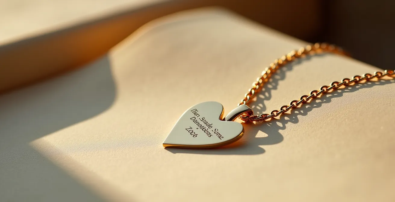 Eine fein gefertigte personalisierte Halskette mit Anhänger, stilvoll am Halsausschnitt drapiert, mit natürlichem Licht und minimalistischem Hintergrund