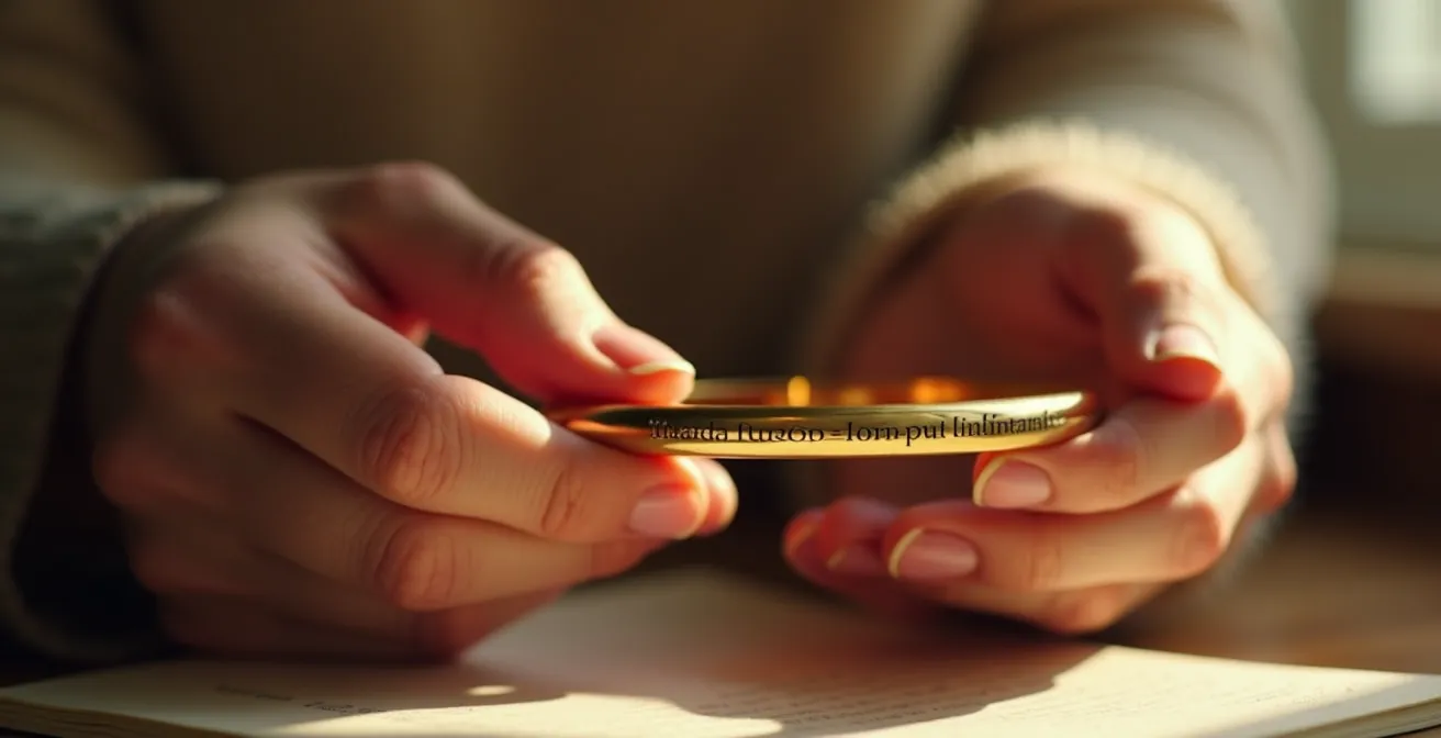 Nahaufnahme eines personalisierten Goldschmuckstücks mit Gravur, das von Händen gehalten wird, mit unscharfem Hintergrund in warmem Licht