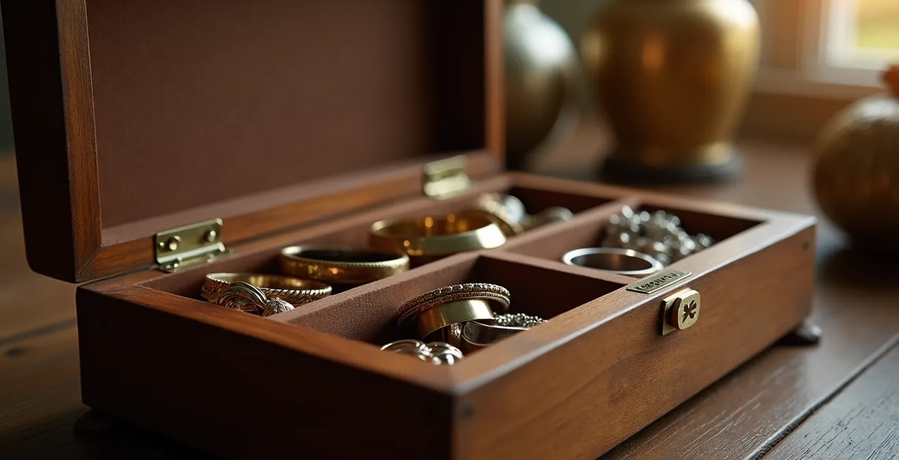 Elegante offene Schmuckschatulle aus Holz mit goldenen und silbernen personalisierten Schmuckstücken, Gravuren und Anhängern, arrangiert auf dunklem Hintergrund in studio-Beleuchtung