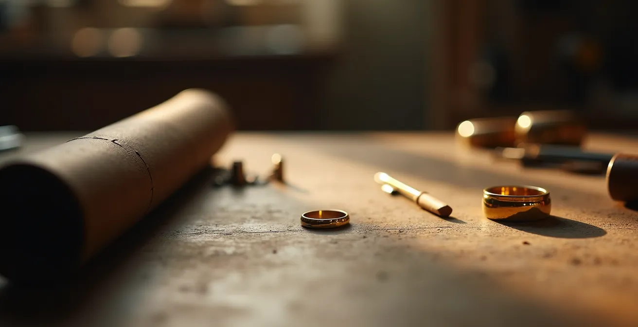 Eine künstlerische Darstellung einer Goldschmiedewerkstatt in Pforzheim, die die traditionelle deutsche Schmuckhandwerkskunst und deren internationale Bedeutung symbolisiert.