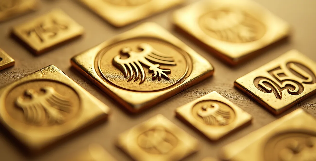 Detailierte Makroaufnahme verschiedener deutscher Goldpunzierungen (585, 750, Reichskrone-Symbol), professionell vergrößert unter Lupe, zeigend die feinen Stempel-Details für Authentizitätsprüfung