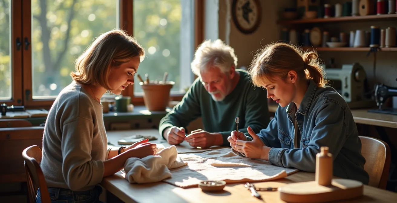 Eine Community-Repair-Aktion in einem deutschen Repair-Café mit Menschen aller Altersgruppen, die gemeinsam an Kleidungsstücken arbeiten.