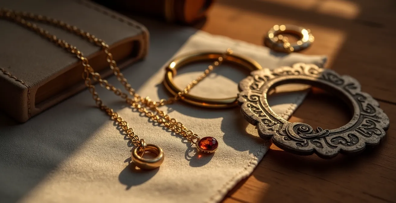 Eine elegante Ansammlung von personalisierten Schmuckstücken, die verschiedene Lebensmomente symbolisiert, mit deutschen Regionalreferenzen und handwerklicher Qualität.