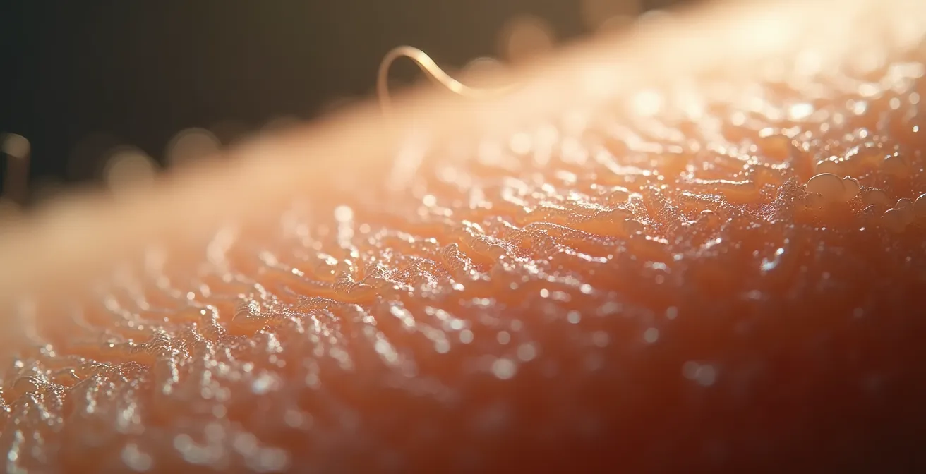 Close-up-Makrofotografie einer Hautoberfläche mit feinen Texturen und subtilen Unebenheiten, die den Hauterneuerungsprozess während der Umstellung auf Naturkosmetik visualisiert
