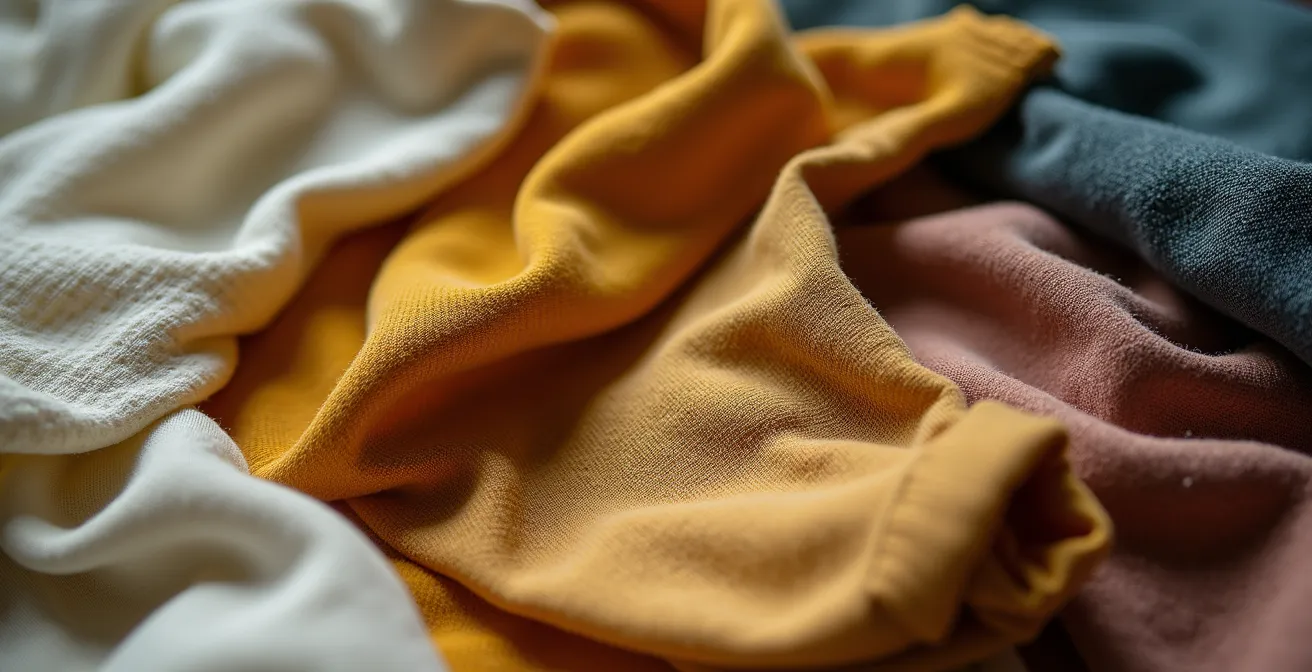 Stilisierte grafische Darstellung von Lebenshauptmomenten (Kindheit, Studium, erste Stelle) mit zugehörigen Vintage-Kleidungsstücken in einem organischen Flow