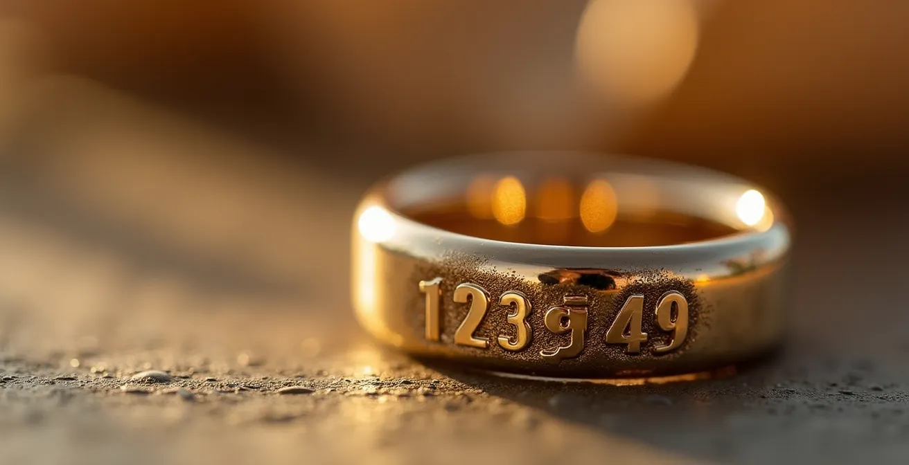 Nahaufnahme eines eleganten Schmuckstücks mit graviertem Datum, symbolisierend einen bedeutungsvollen Moment, der in Metall verewigt wird.