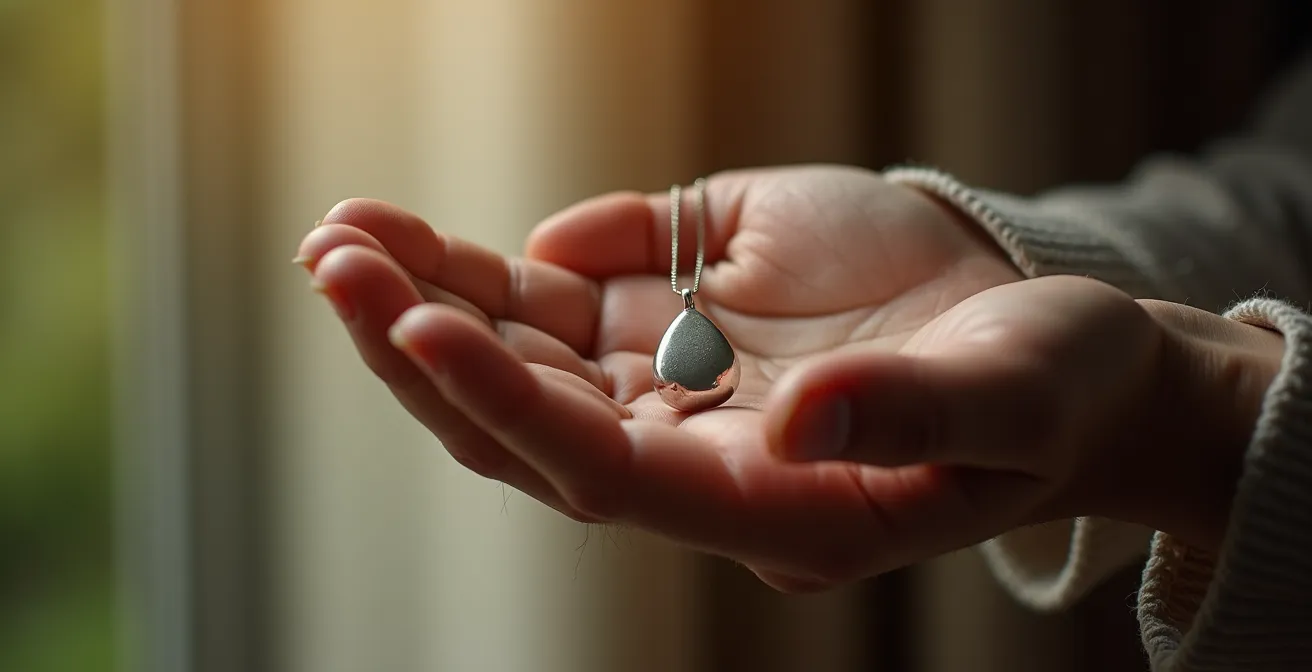 Zarte offene Handfläche mit einem silbernen Ascheschmuck-Anhänger, der wie eine Träne geformt ist, mit warmem Licht