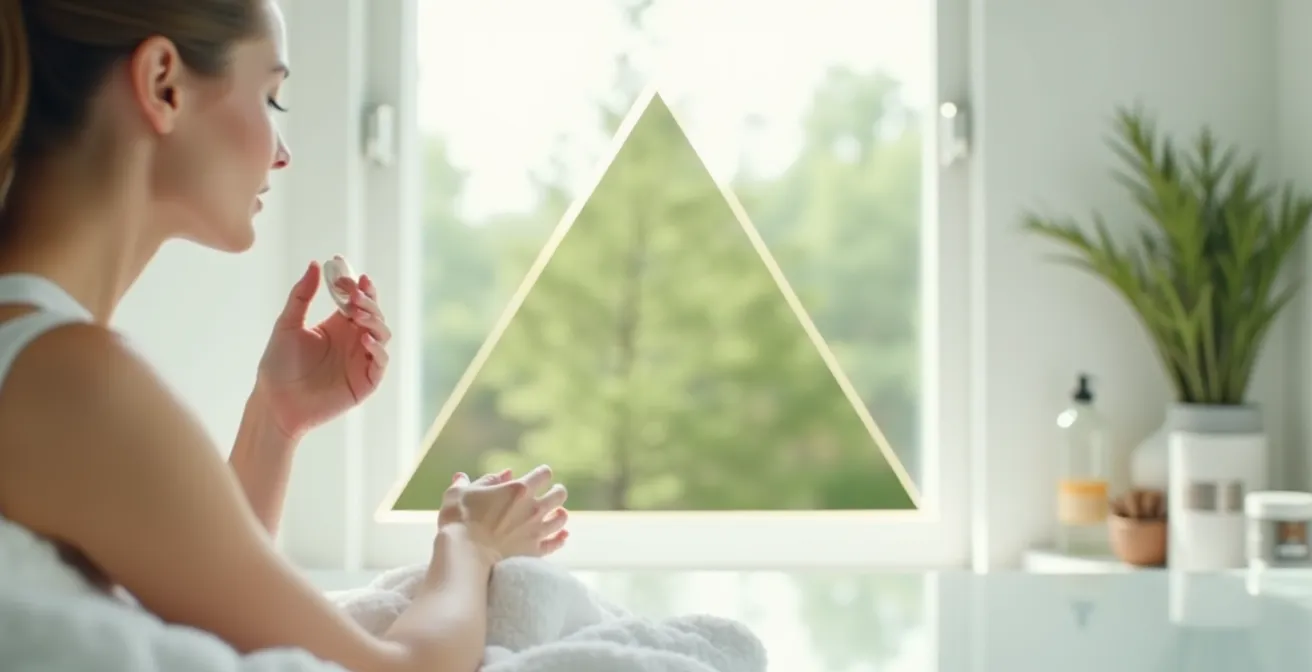 Ein Dreieck-Diagramm mit drei Ecken: Hautpflege, Make-up und Lebensstil, verbunden durch Pfeile, die zeigen, wie sie zusammenhängen