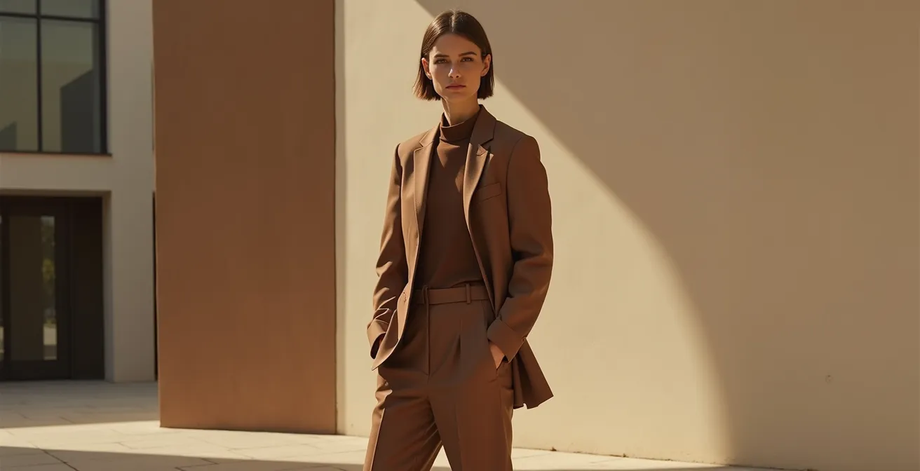 Moderne Frau in eleganter Kleidung vor urbaner deutscher Architektur, die aktuelle Modetrends 2025 präsentiert