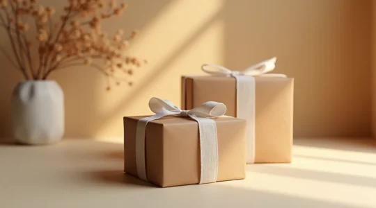 Editorial-Fotografie zeigt zwei elegante Geschenkboxen aus recyceltem Papier mit hochwertigen Materialien auf neutralem Hintergrund, symbolisierend die Kunst, bleibende Erinnerungen durch durchdachte Geschenke zu schaffen.