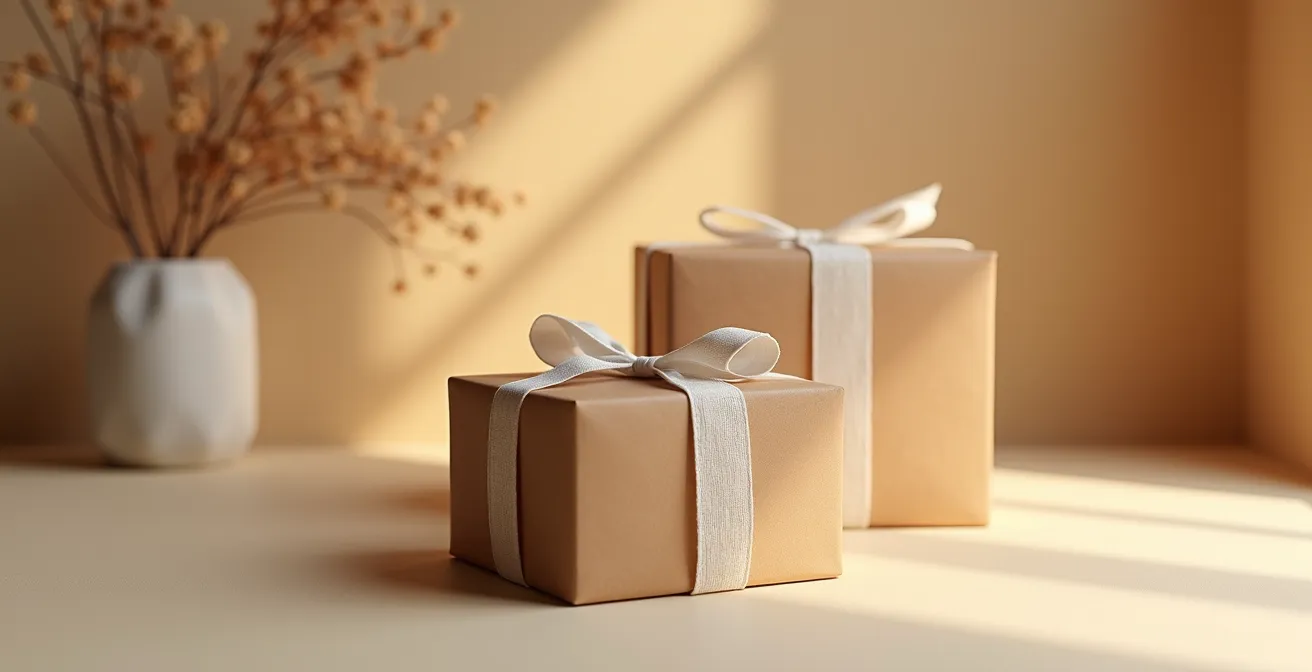 Editorial-Fotografie zeigt zwei elegante Geschenkboxen aus recyceltem Papier mit hochwertigen Materialien auf neutralem Hintergrund, symbolisierend die Kunst, bleibende Erinnerungen durch durchdachte Geschenke zu schaffen.