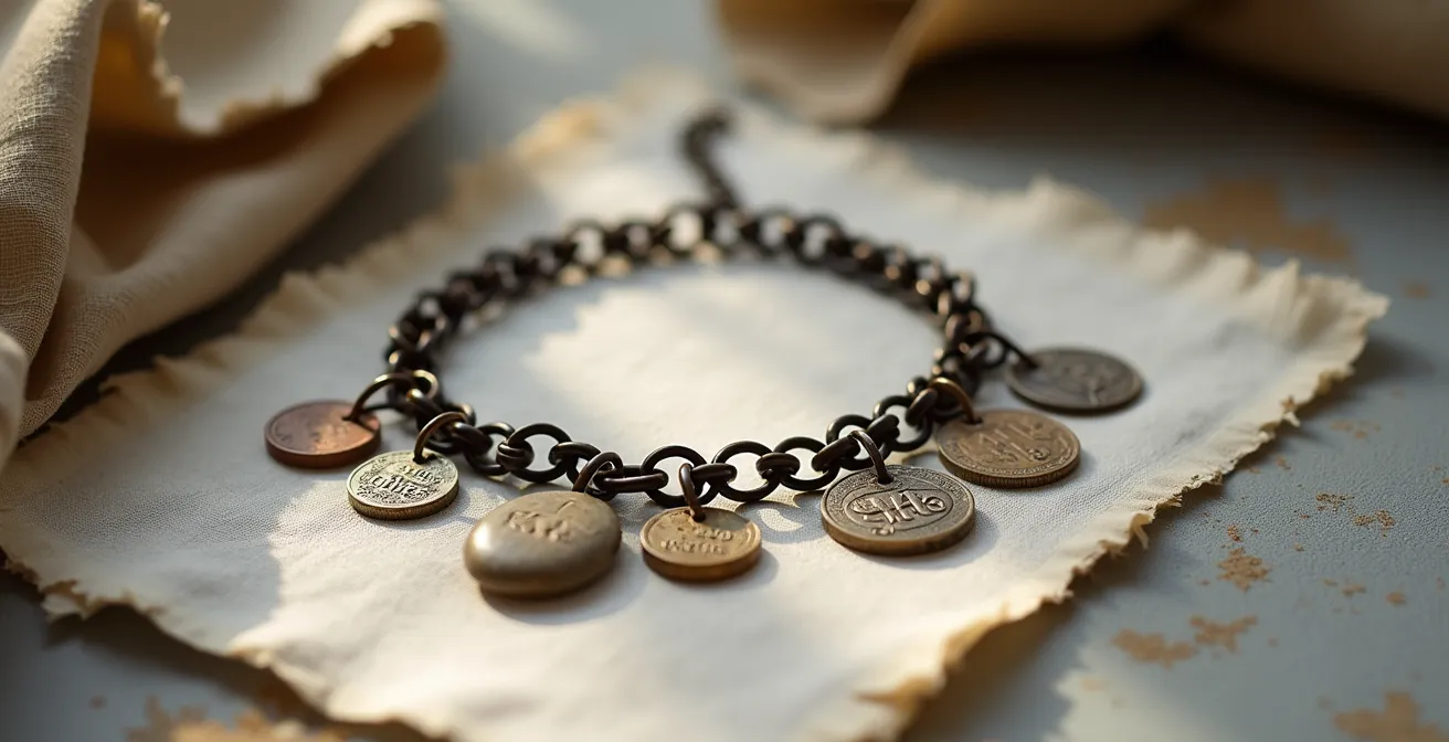 Ein Sammel-Armband mit verschiedenen Anhängern aus recycelten Materialien, die eine persönliche Lebensgeschichte erzählen, kunstvolle Anordnung auf natürlichem Hintergrund.