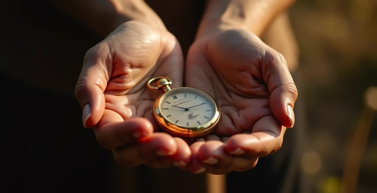 Sanfte Hands-Fotografie zeigt zwei Hände (eine ältere, eine jüngere) die gemeinsam eine hochwertige mechanische Uhr oder ein Schmuckstück halten, symbolisierend die Weitergabe von Werten über Generationen.