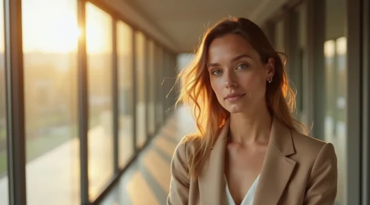 Frau entwickelt ihren einzigartigen zeitlosen Modestil in einem minimalistischen deutschen urbanen Umfeld