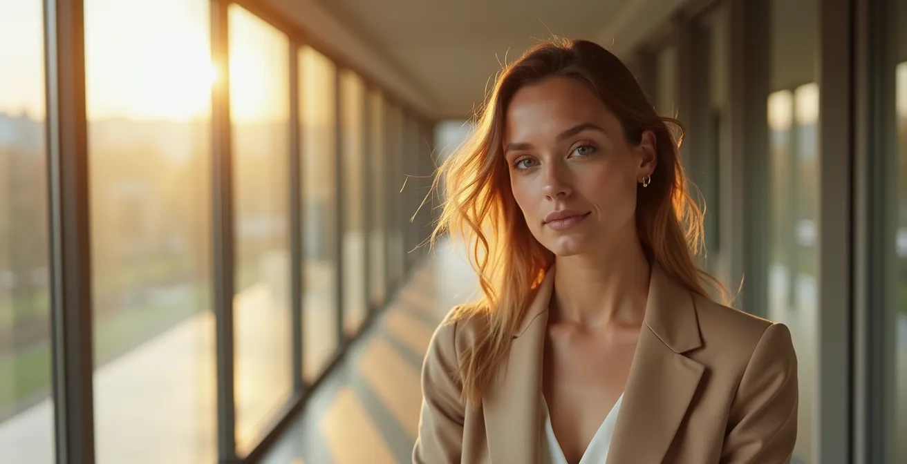 Frau entwickelt ihren einzigartigen zeitlosen Modestil in einem minimalistischen deutschen urbanen Umfeld