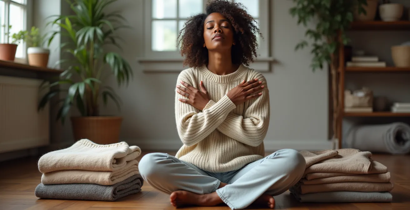 Person beim achtsamen Aussortieren von Kleidung mit emotionaler Verbindung