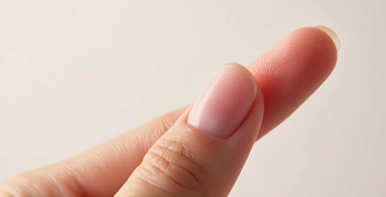 Makroaufnahme einer Hand mit leicht gedrückter Fingerkuppe, die natürliche Rosétöne zeigt