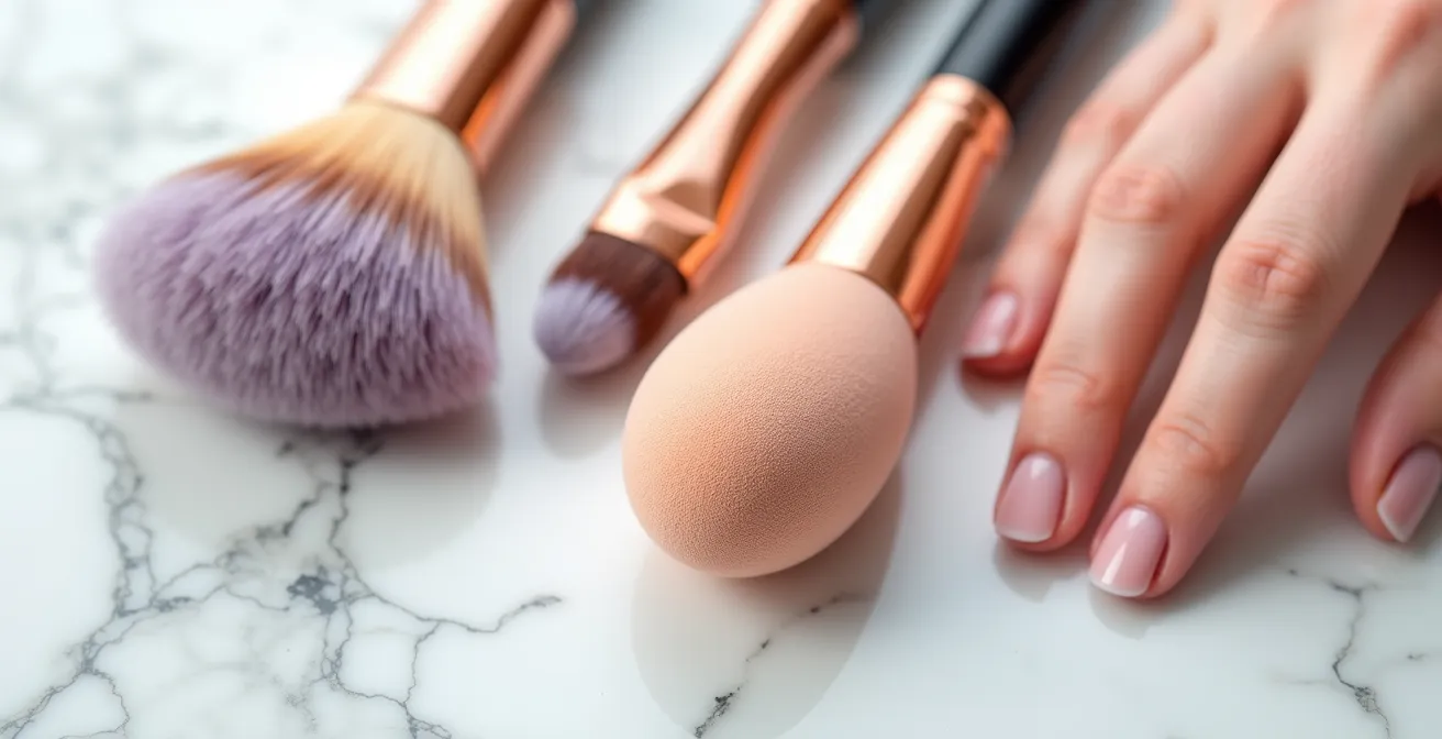 Nahaufnahme verschiedener Make-up-Werkzeuge wie Pinsel und Schwamm auf einer Marmorplatte
