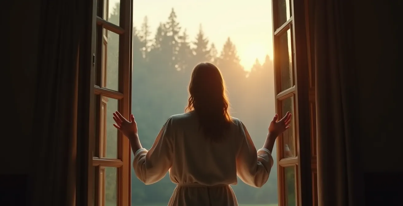 Hände öffnen ein Fenster zum morgendlichen deutschen Wald mit Nebel