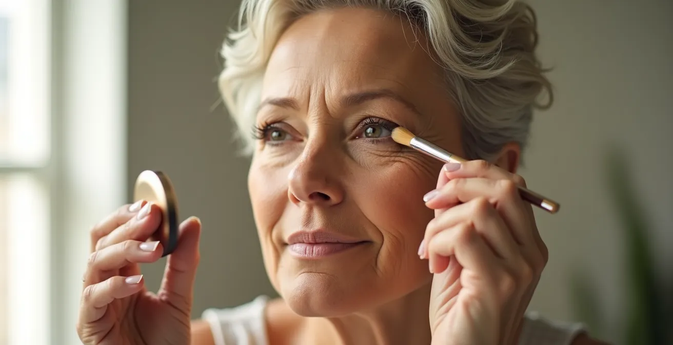Seitenansicht einer Frau über 40 beim Auftragen von schimmerndem Lidschatten