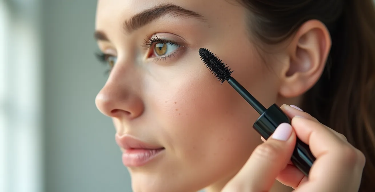 Detailaufnahme der Mascara-Anwendung mit Zickzack-Bewegung am Wimpernansatz