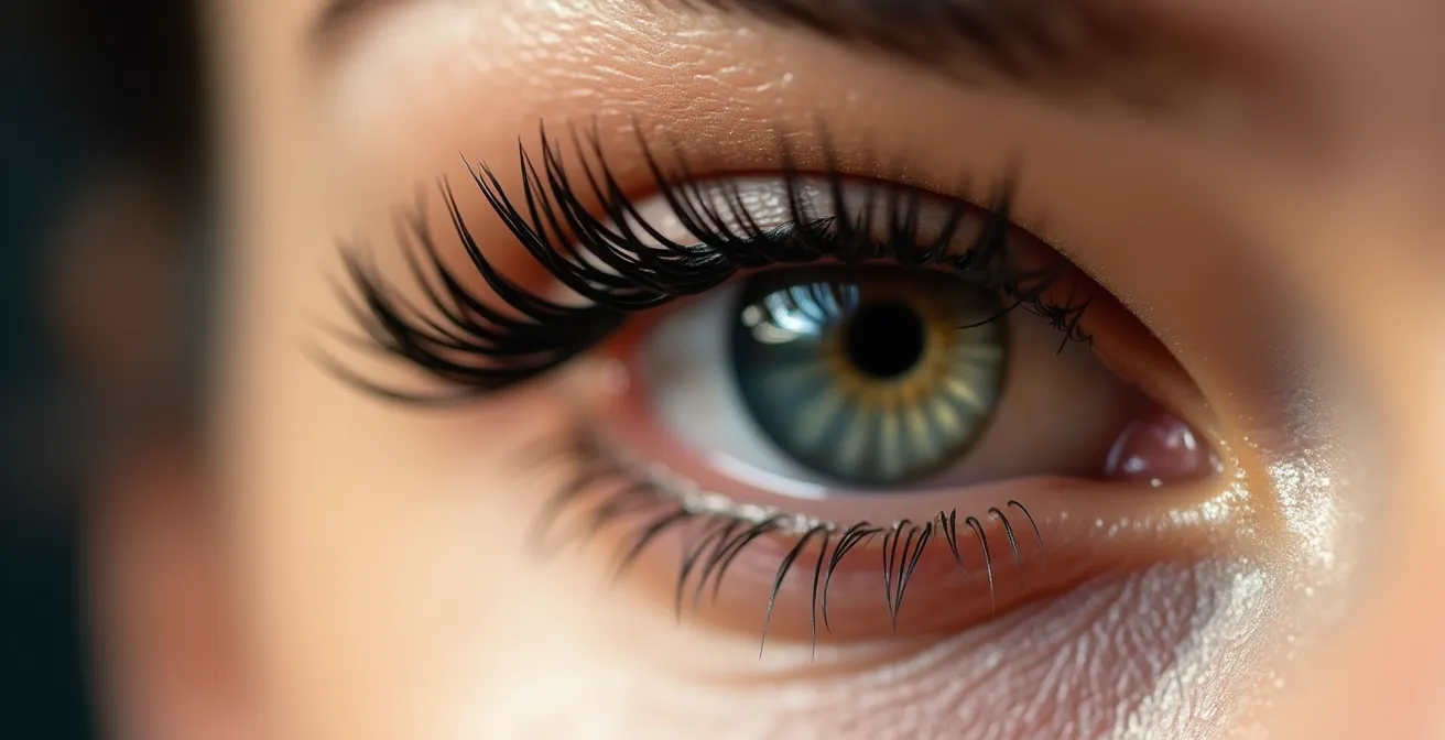 Makroaufnahme von perfekt getuschten Wimpern mit sichtbarer Trennung