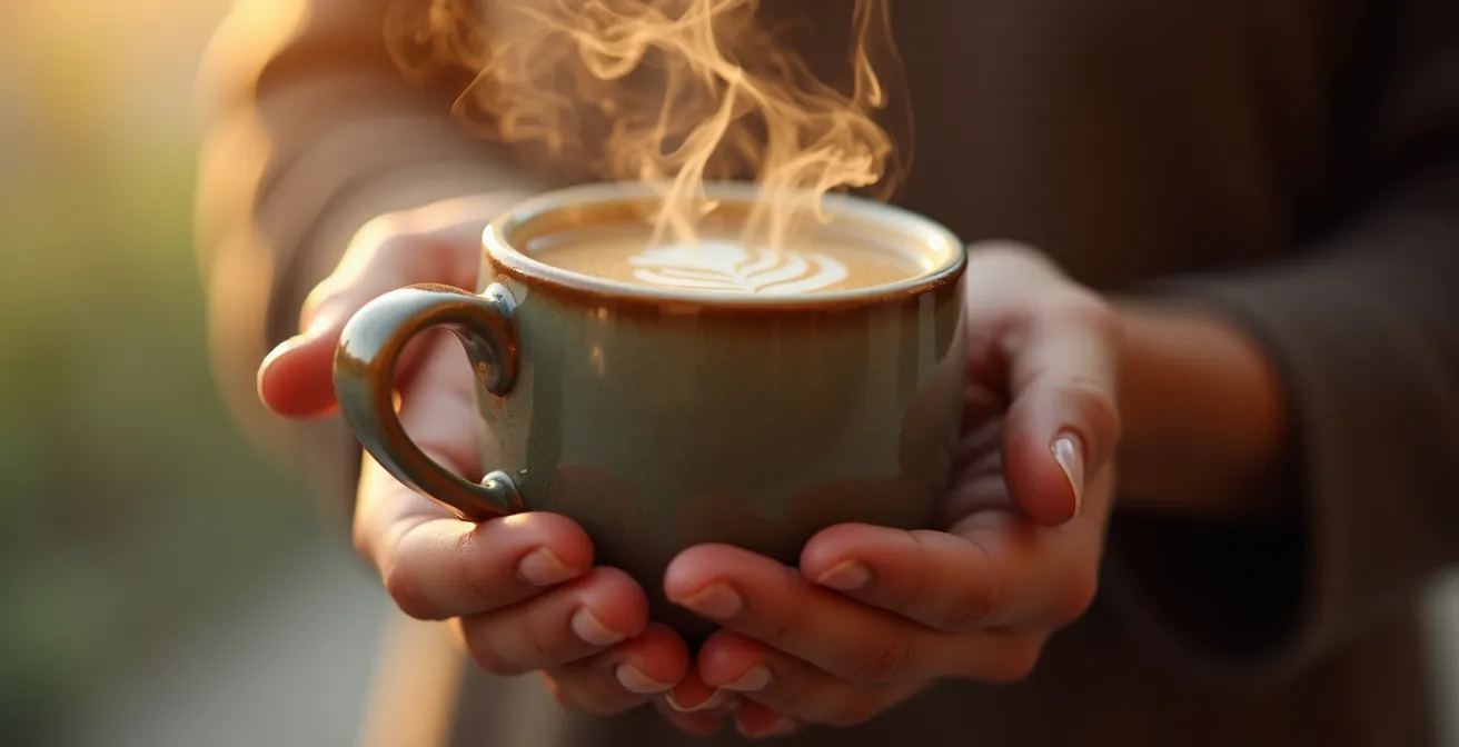 Nahaufnahme von Händen um eine dampfende Kaffeetasse in ruhiger Morgenatmosphäre