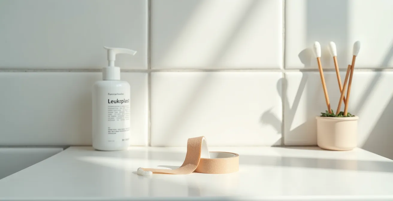 Stillleben mit deutschen Apothekenprodukten zur Glitzerentfernung