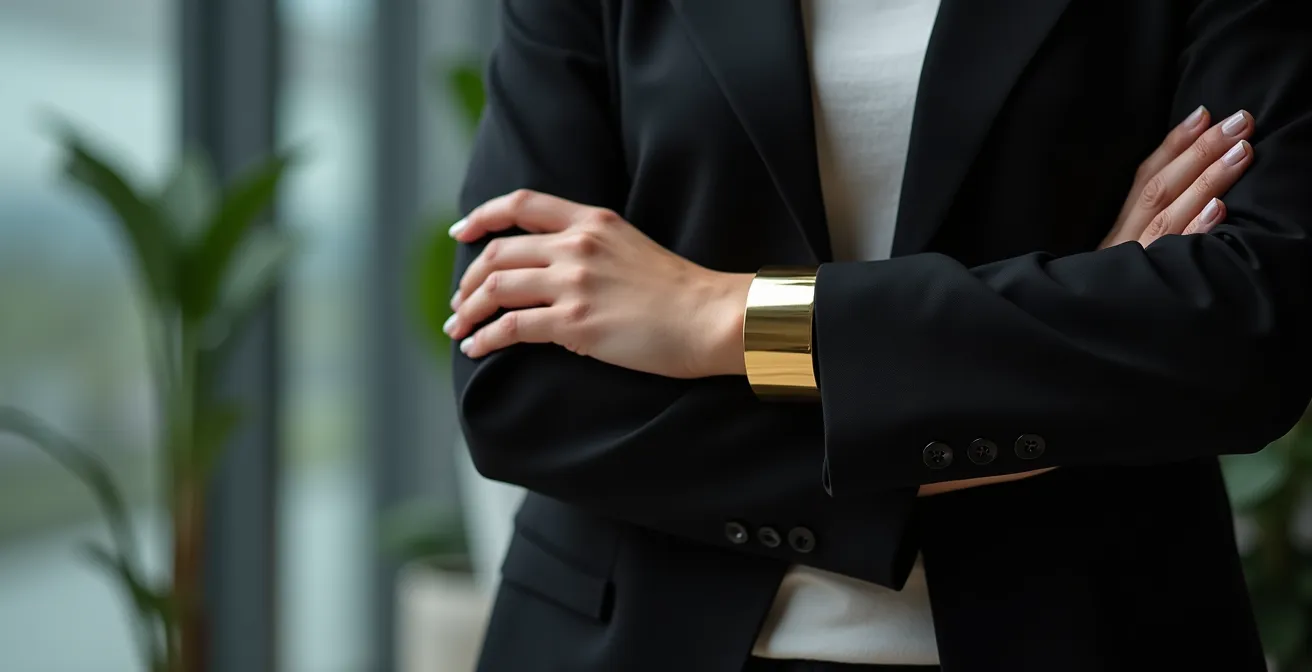 Business-Outfit mit goldenem Armreif über Blazerärmel getragen