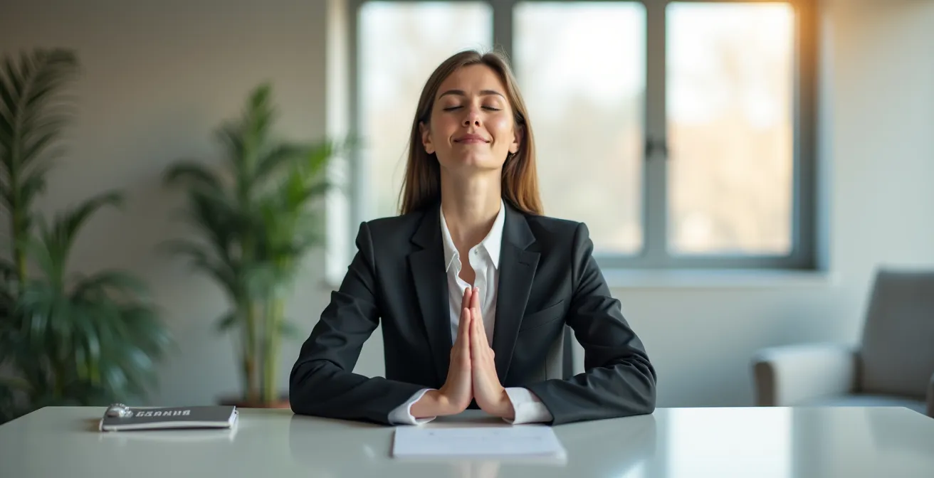 Geschäftsfrau praktiziert diskrete Atemübung am Schreibtisch