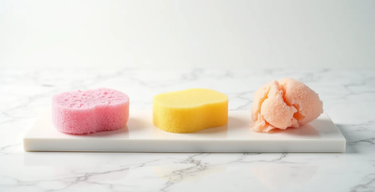 Detailaufnahme von drei Beauty-Schwämmen in verschiedenen Zuständen auf hellem Hintergrund