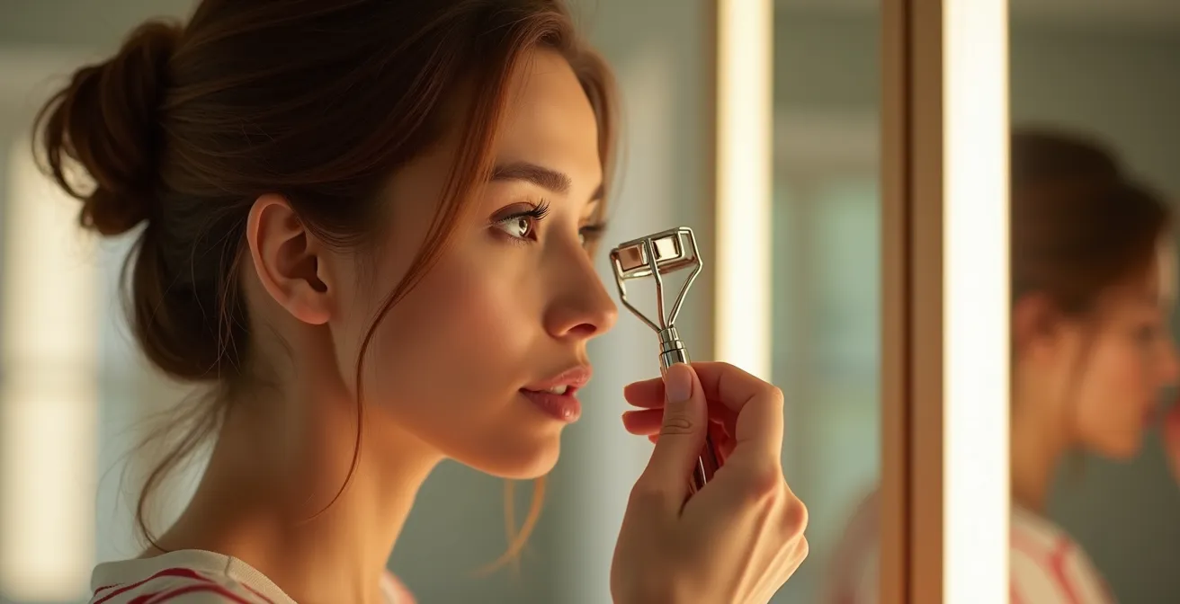 Seitliche Nahaufnahme eines beheizbaren Wimpernformers in Anwendung