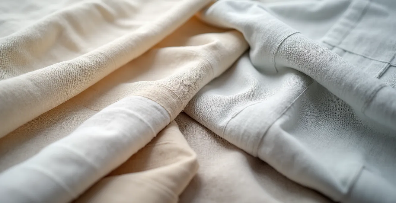 Makroaufnahme der unterschiedlichen Texturen von Leinen-, Baumwoll- und Tencel-Bettwäsche.