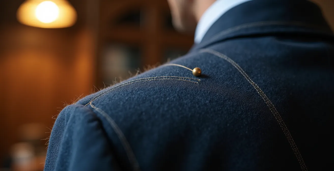Blazer-Anpassung beim Schneider mit Detailaufnahmen von präzisen Nähten an der Schulter in einer deutschen Schneiderei.