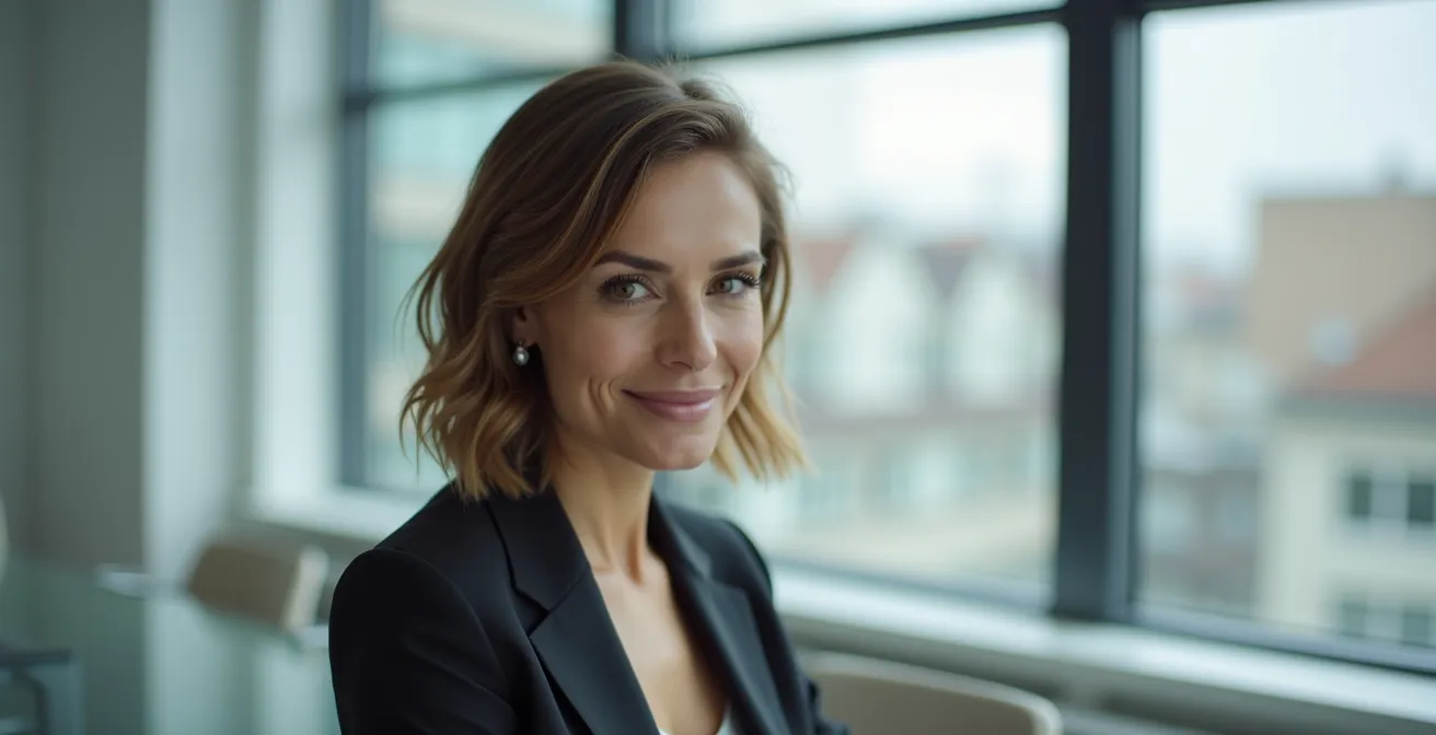 Businessfrau mit einem gestuften Bob und dezenten ovalen Creolen, die das Gesicht optisch strecken.