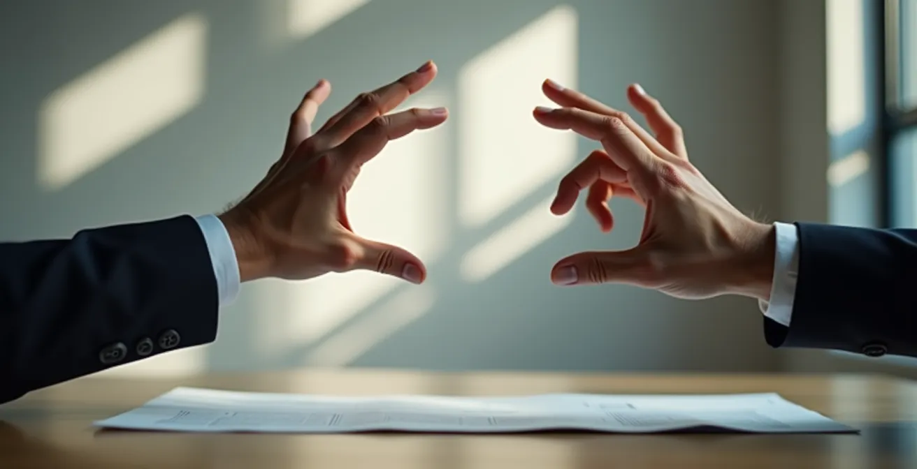 Nahaufnahme von Händen, die ein unsichtbares Quadrat in der Luft nachzeichnen, vor einem neutralen Büro-Hintergrund.