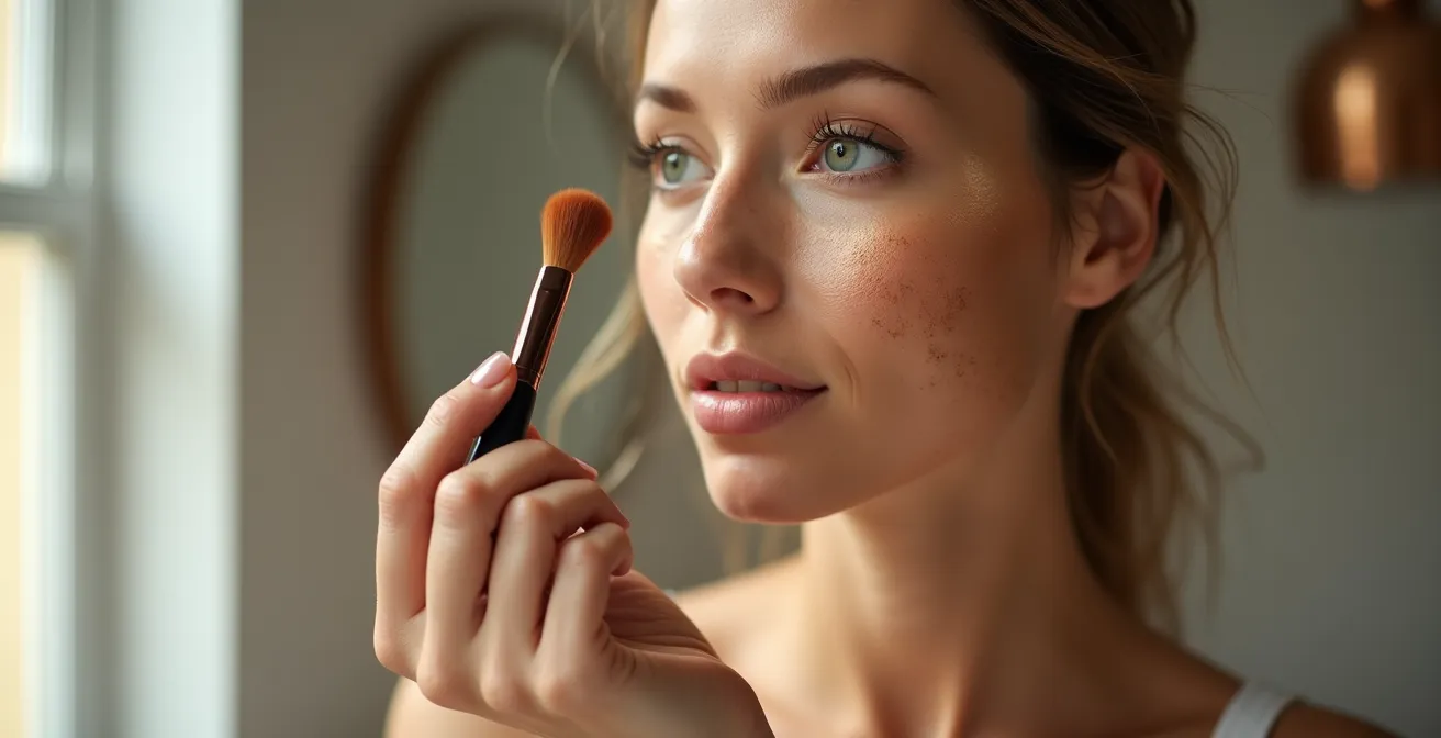 Professionelle Darstellung der Bronzer-Auftragstechnik, die die 3er-Form von der Stirn über die Wangenknochen zum Kiefer zeigt.