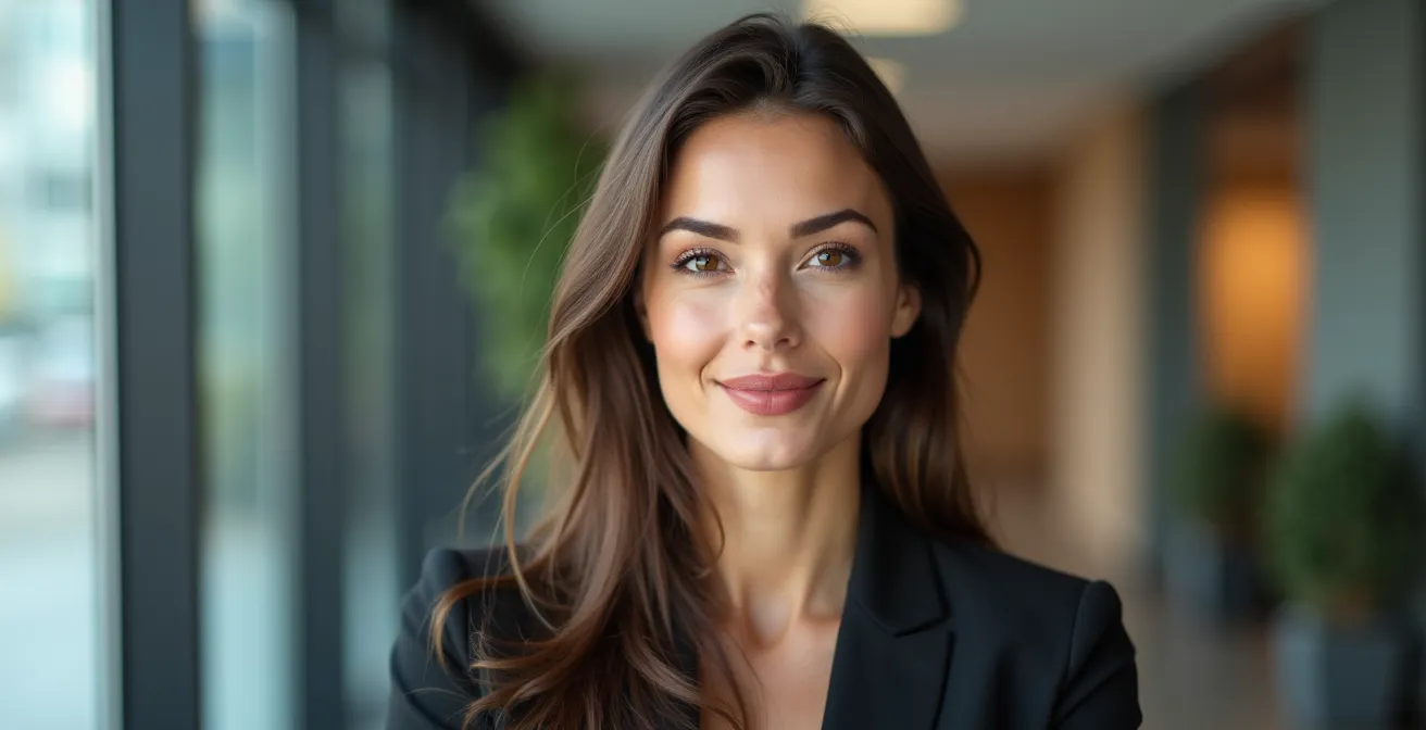 Elegante Geschäftsfrau mit dezent geschminkten Lippen im Büro