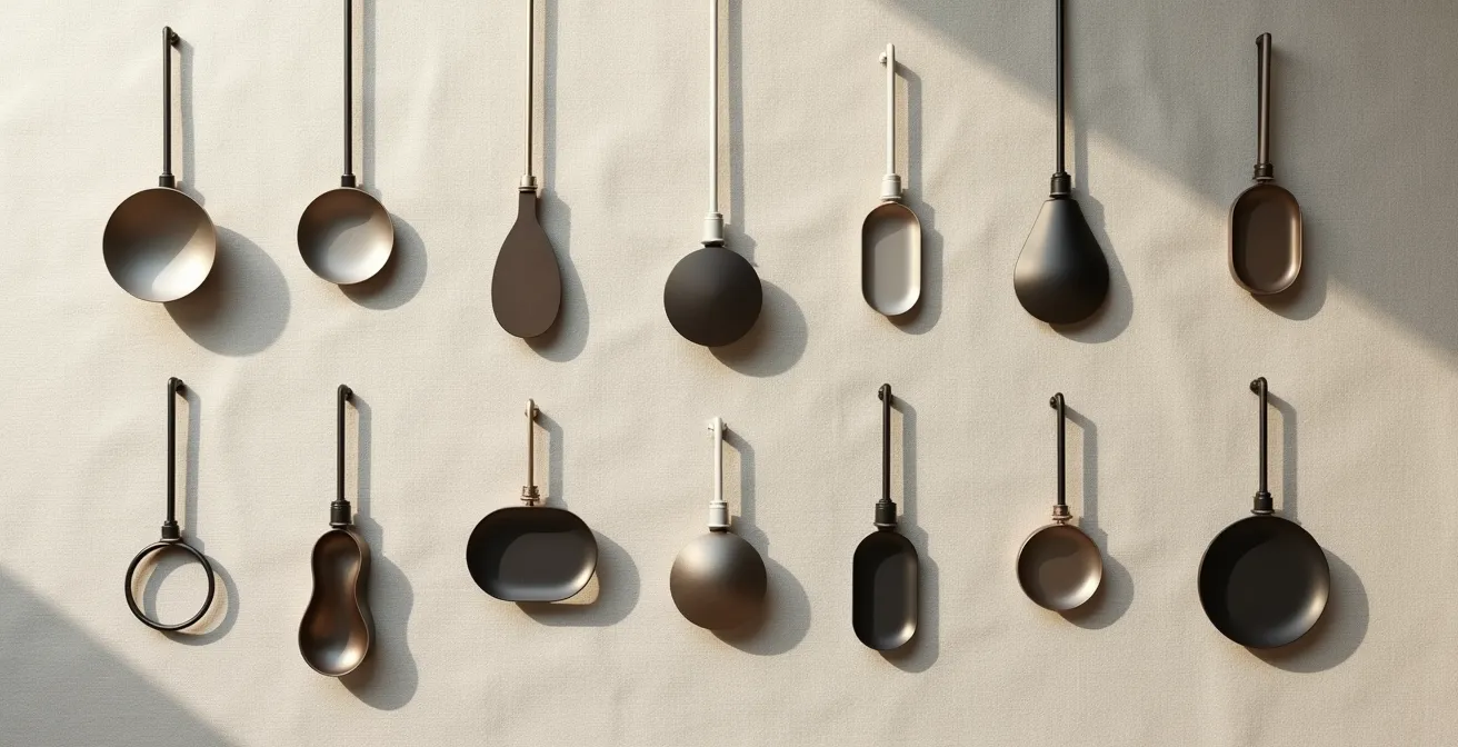 Minimalistische Anordnung verschiedener austauschbarer Anhänger auf einer Leinenoberfläche, die eine persönliche Sammlung symbolisiert.