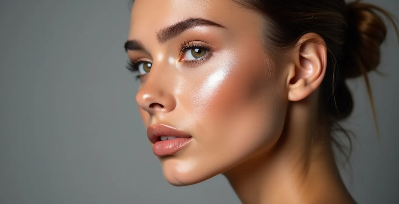 Makroaufnahme einer Frau, die eine subtile Contouring-Technik an ihrer Wange und Kieferlinie anwendet, um eine eckige Gesichtsform weicher zu zeichnen.