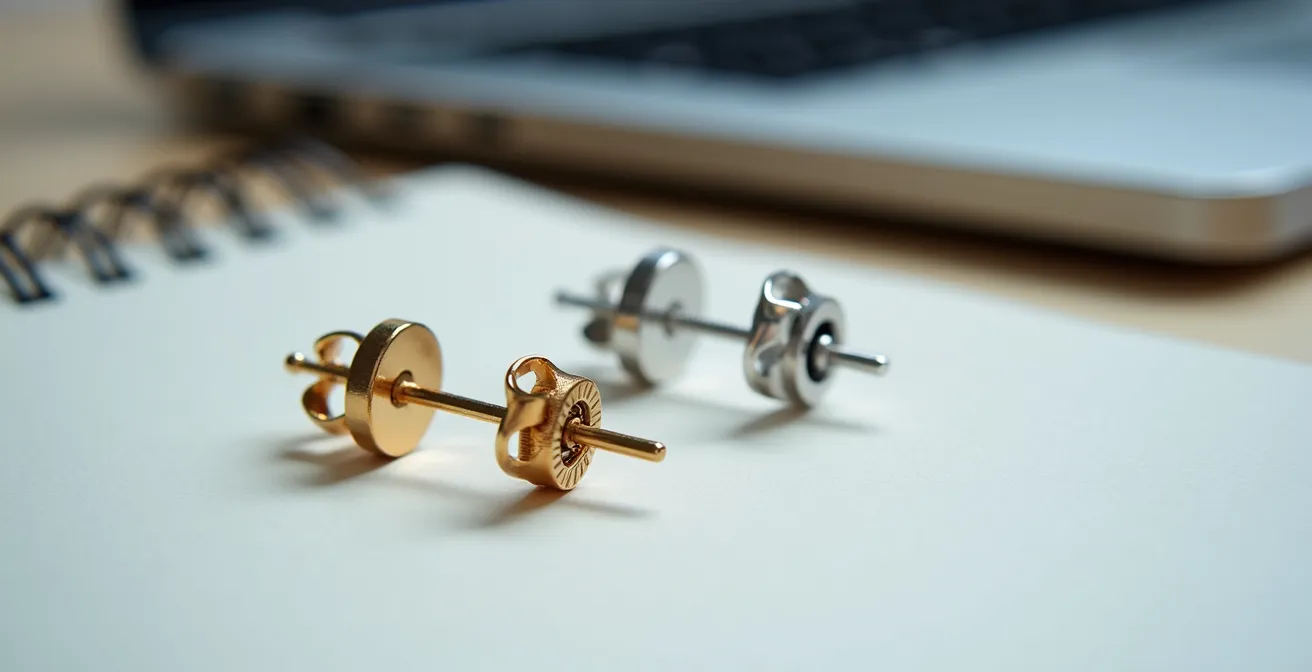 Detailaufnahme verschiedener Creolen-Verschlüsse für den Büroalltag, die Sicherheit und Professionalität gewährleisten.