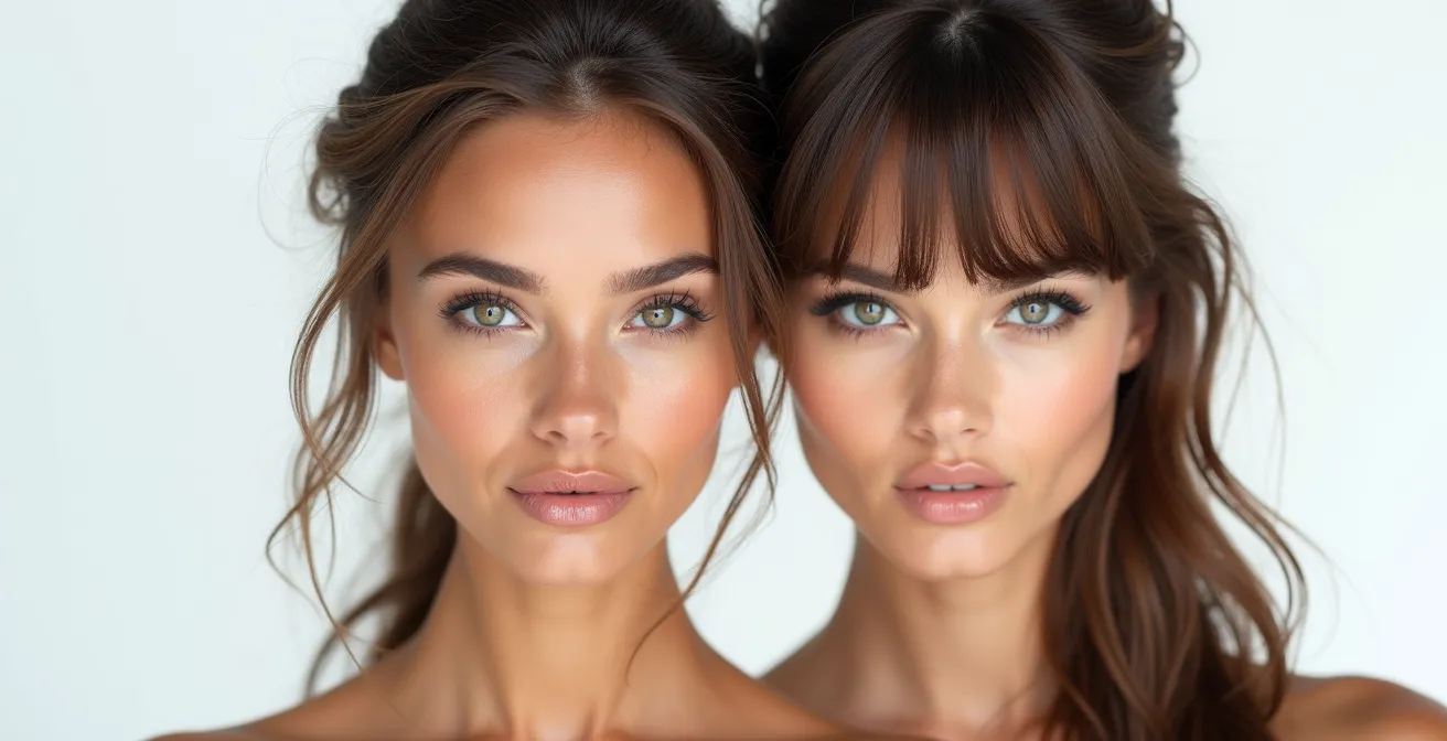 Vorher-Nachher-Vergleich einer Frau mit eckigem Gesicht, einmal ohne und einmal mit schmeichelhaften Curtain Bangs.