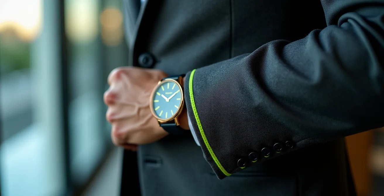 Professioneller Hosenanzug mit subtilen Neon-Details im Frankfurter Finanzdistrikt