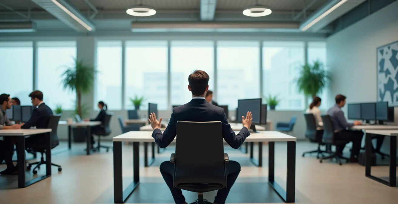 Weitwinkelaufnahme eines modernen Großraumbüros mit einer fokussierten Person, die unauffällig am Schreibtisch sitzt und eine Atemübung praktiziert.