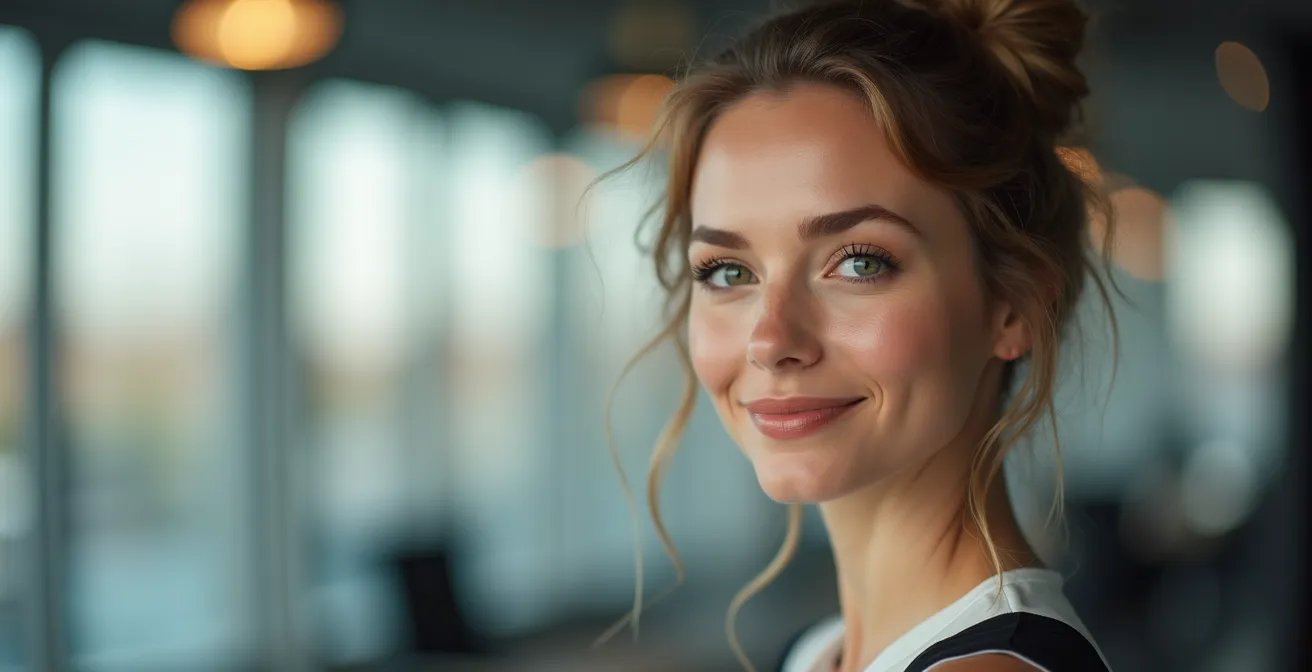 Eine selbstbewusste Frau im Büro mit einem eleganten, aber lässigen Dutt, der professionalität ausstrahlt.